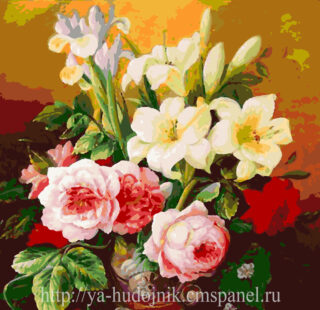 KAZ054 Раскраска по номерам «Букет цветов с лилиями»
